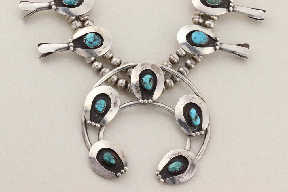 Sterling Silver Natural Turquoise Squash Blossom Necklace 23" inch - Picture 4 of 10